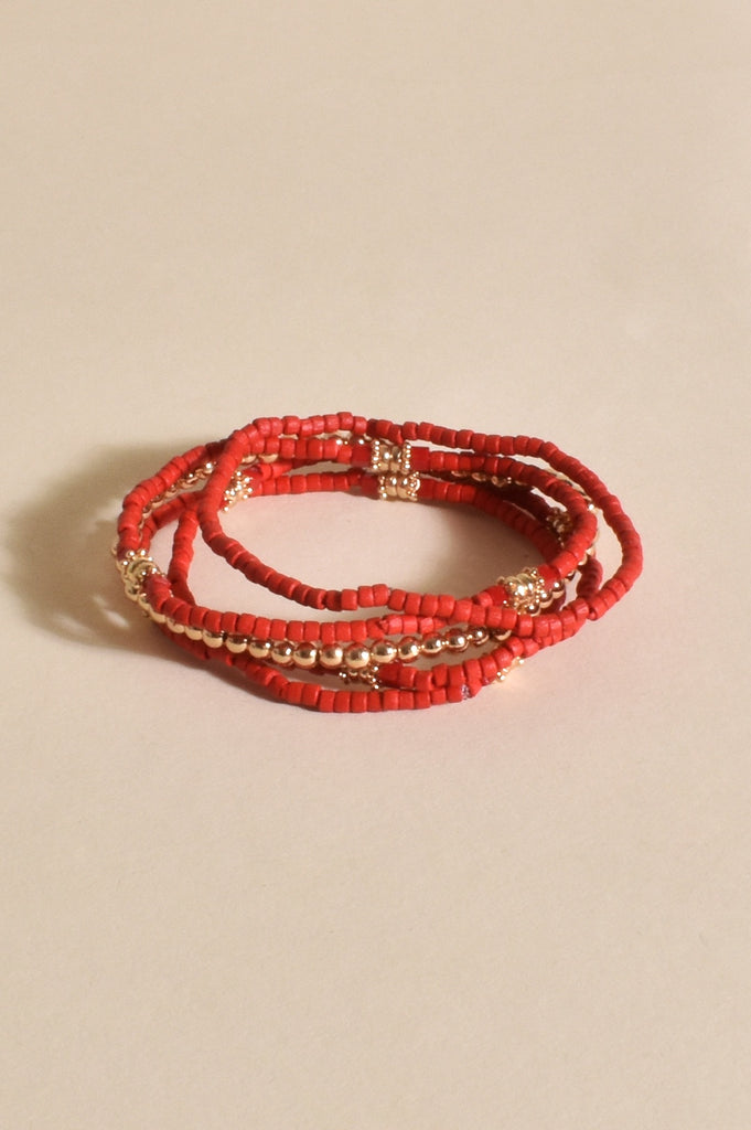 Lucinda Mixed Layered Bracelet Set Red/Gold - Global Free Style
