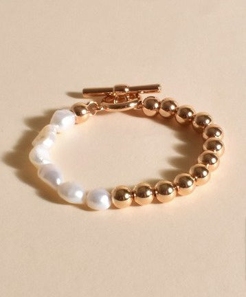 Half Pearl Metal Ball Toggle Bracelet Gold/Cream - Global Free Style
