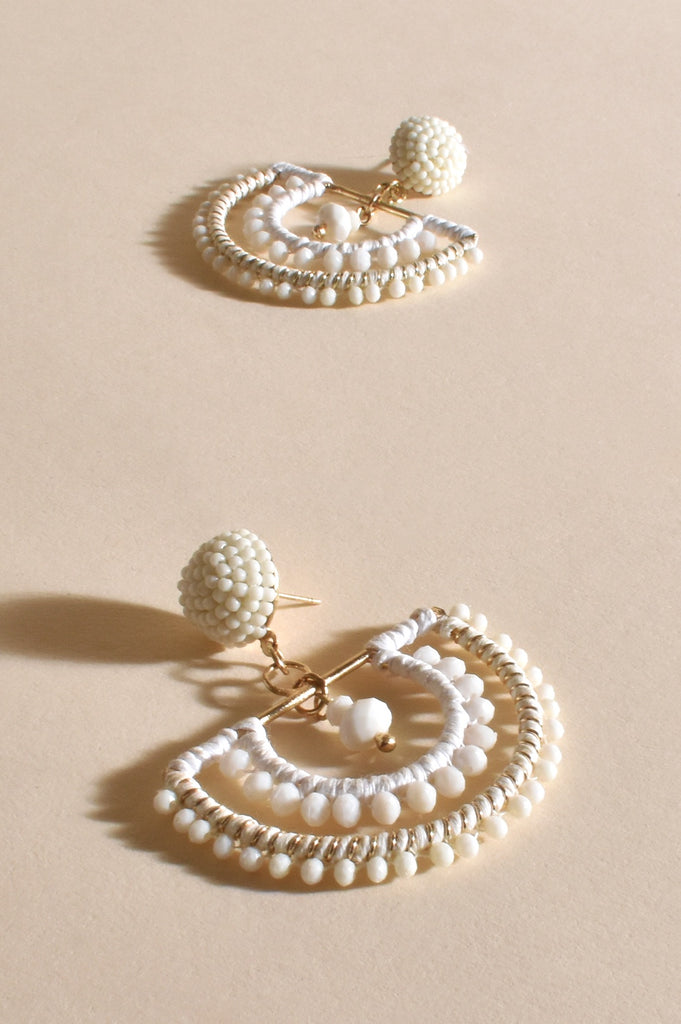 Beaded Crescent Moon Earrings Cream/White - Global Free Style