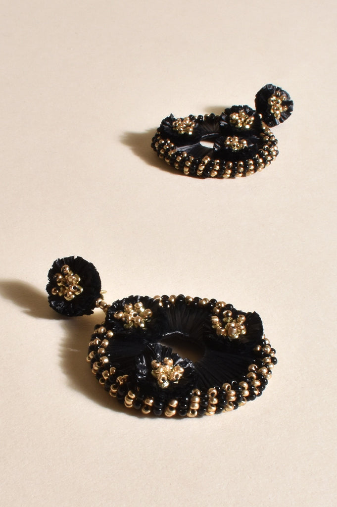 Beaded Edge Ring Drop Earrings Black/Gold - Global Free Style