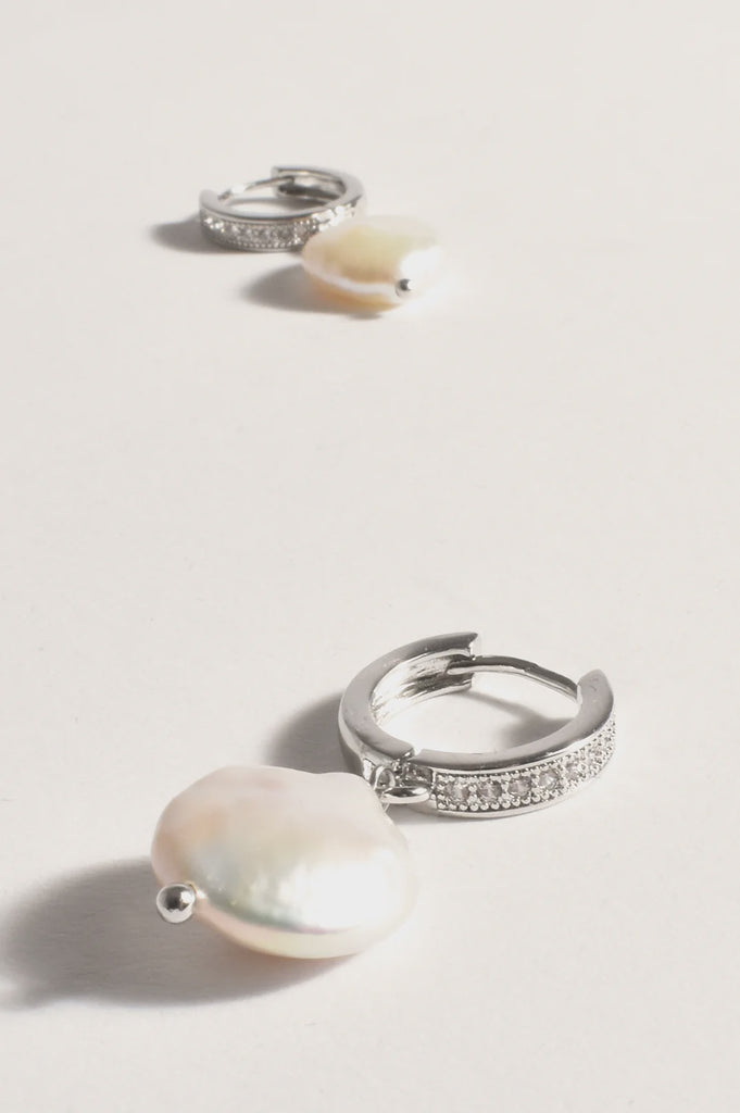 Freshwater Pearl Diamante Hoops Silver/Cream - Global Free Style