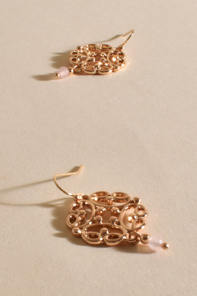 Fallon Stone Drop Filigree Hook Earrings Pink/Gold - Global Free Style