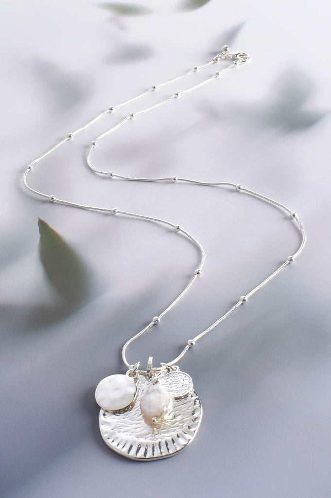 Adorne Fine Ball Chain Pendant Cluster Necklace Silver/Cream - Global Free Style