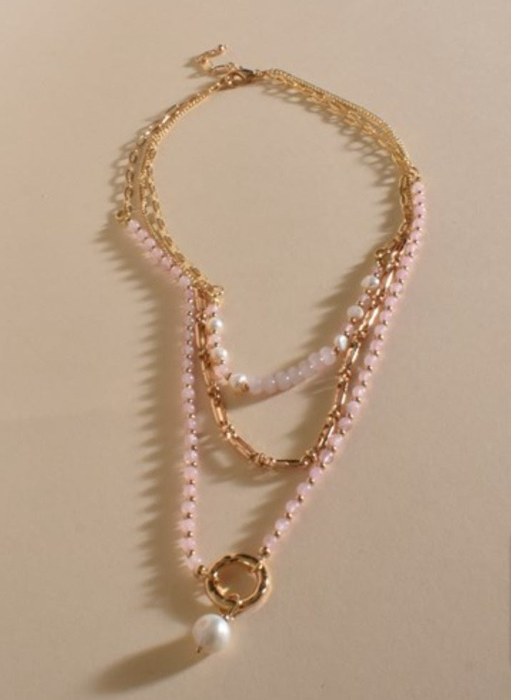 Layered Stone and Pearl Necklace Pink/Gold - Global Free Style