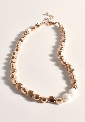Cast Metal Pearl Panel Necklace Gold/Cream - Global Free Style