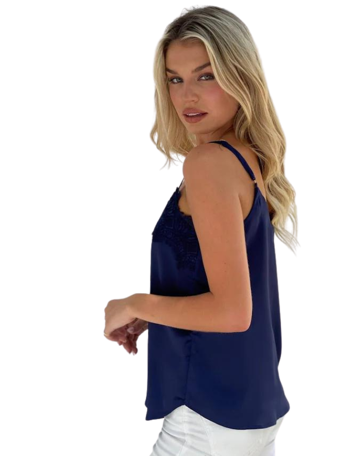 Spicy Sugar Satin Lace Detail Cami Top Navy - Global Free Style
