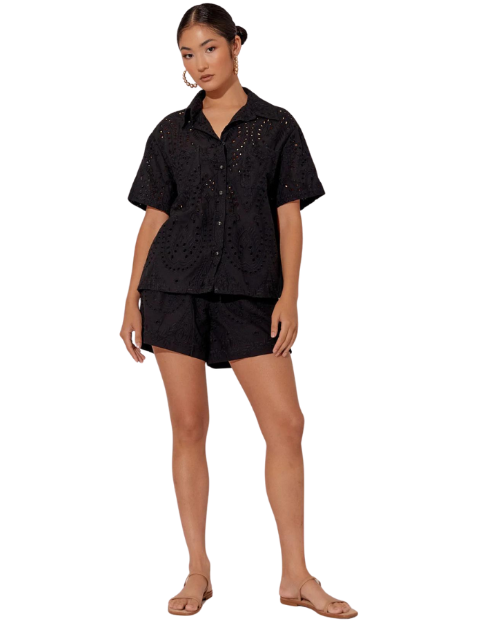 Ayla Short Sleeve Deco Broderie Shirt Black - Global Free Style