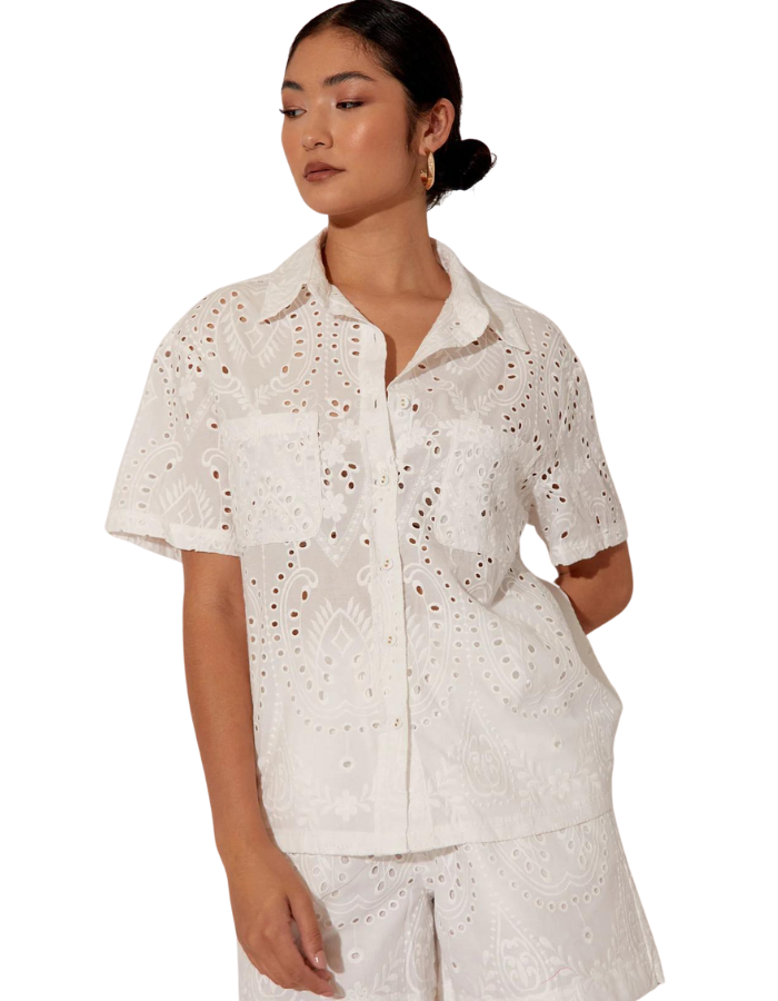 Ayla Short Sleeve Deco Broderie Shirt White - Global Free Style