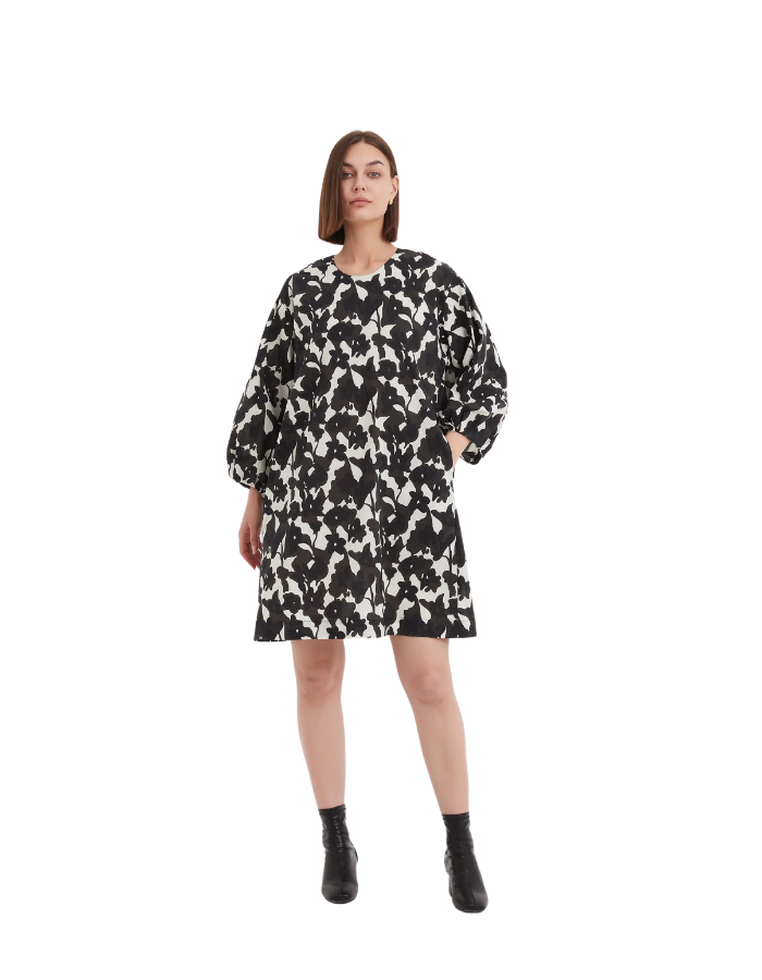 Tuck Cuff Oversized Dress Black Floral - Global Free Style