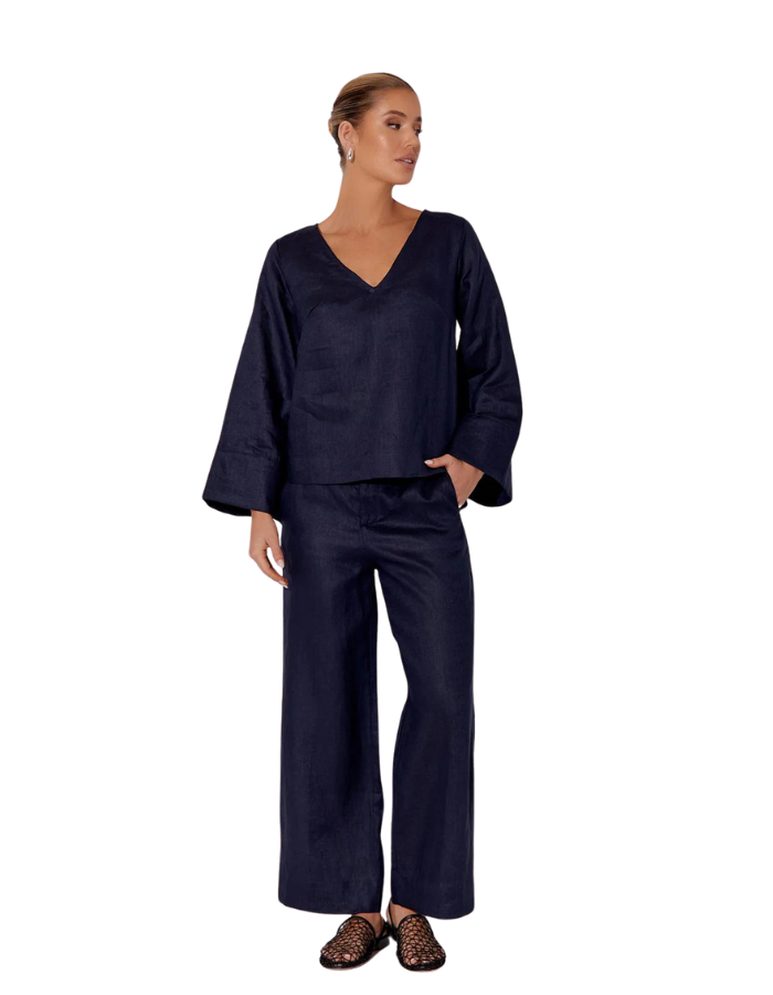 Nisha Cropped Linen Pant Navy - Global Free Style