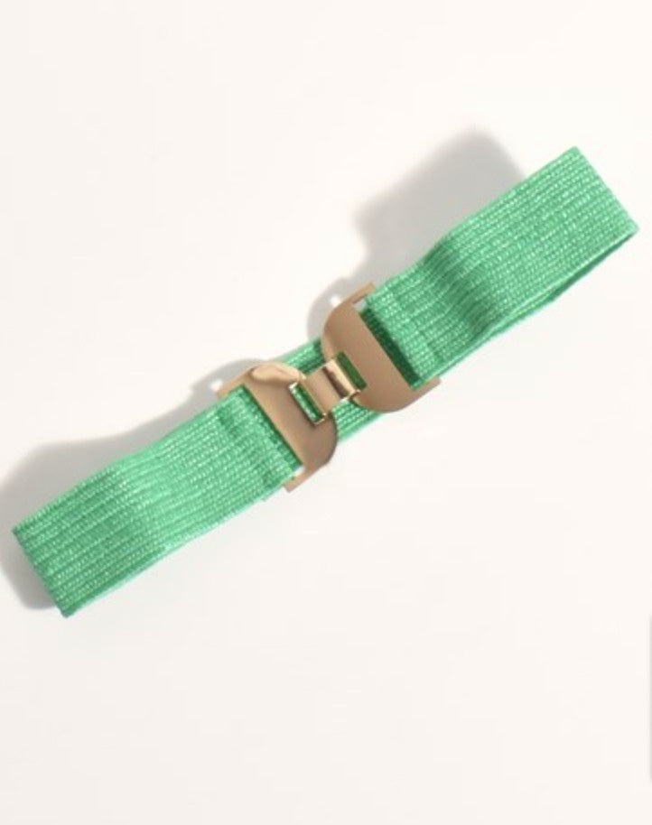Metal Clasp Front Stretch Belt Green/Gold - Global Free Style