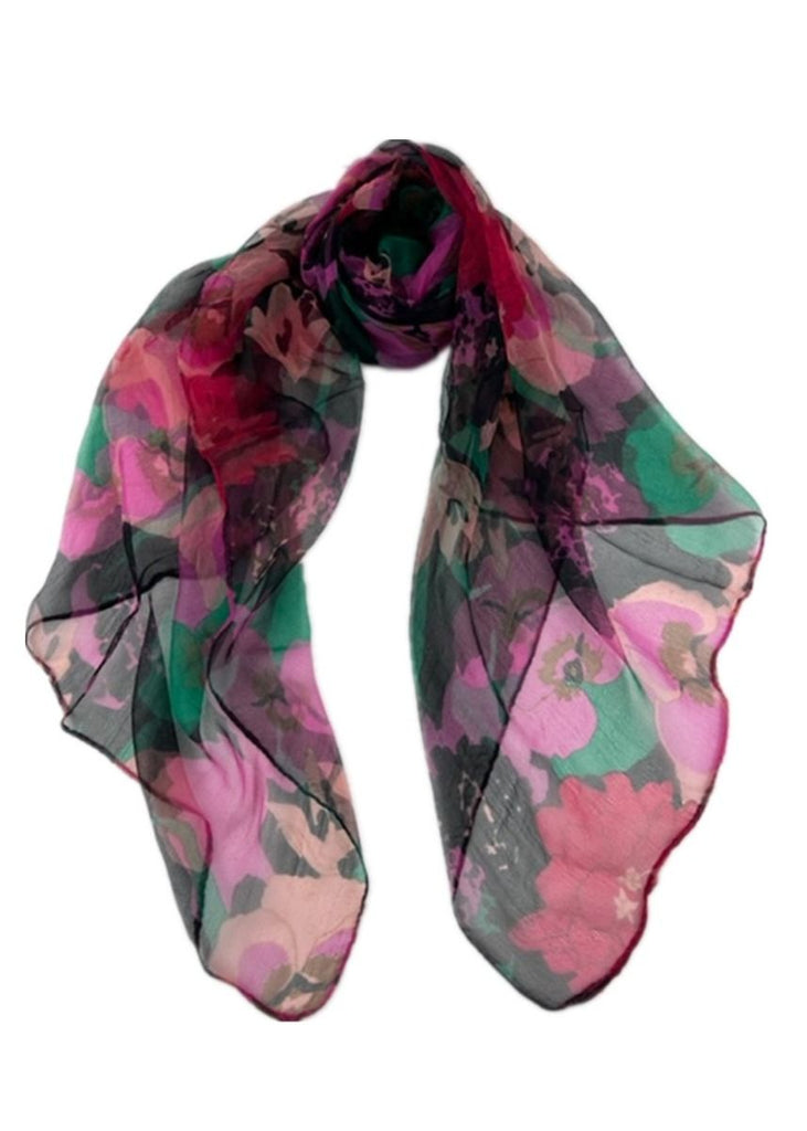 Single Layer Silk Scarf Pink Floral - Global Free Style
